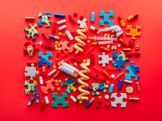 This illustration showcases a collection of medicine-related items scattered like puzzle pieces, expounding health challenges and problem-solving