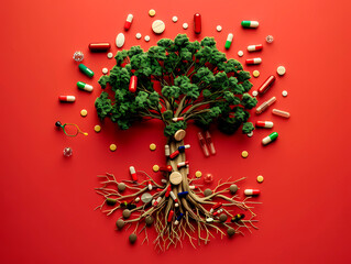 Illustrative concept of a broccoli tree amidst assorted medicine pills, connecting natural nutrition with health supplements