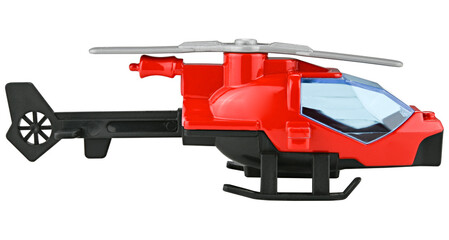 Red toy helicopter isolated on a transparent background. Side view.