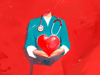 The illustration represents a doctor cradling a vivid red heart symbol, showcasing compassion and care in the health and medicine sector