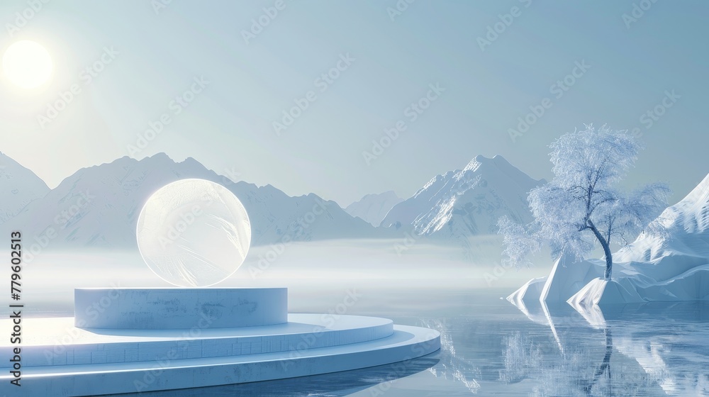 Aufkleber winter scene with geometrical forms. a podium can be seen in the background. a minimal 3d landscape 