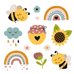 set isolated with cute bees, honey pot, flowers,rainbow, sunflower - 779602542