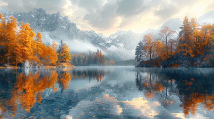 Lake in autumn, Beautiful landscape. Created with Ai