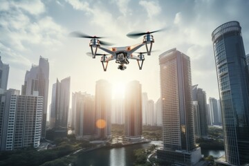 photograph of Drone flying over a big city Showcasing the expansion of the fintech business The atmosphere is lively. modern transportation technology