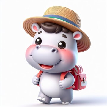 Cute character 3D image of A hippopotamus is wearing a hat and carrying a backpack on the way to school, funny, smile, happy white background