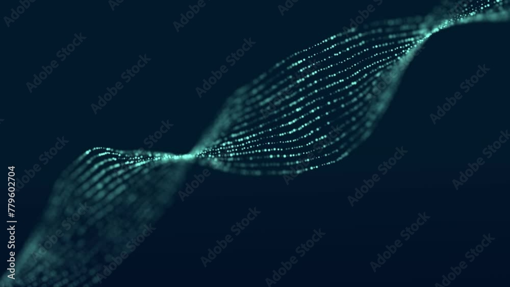Poster Abstract dynamic wave of connected dots and bright particles in space. Big data digital technologies. 3D rendering. Seamless looped animation.