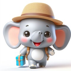 Fototapeta premium Cute character 3D image of A elephant is wearing a hat and carrying a backpack on the way to school, funny, smile, happy white background