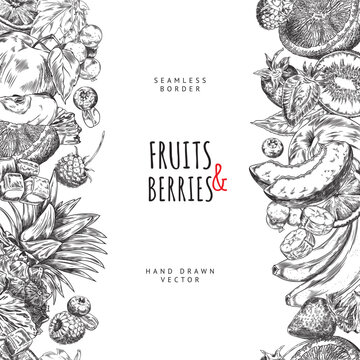 Sketched fruits and berries in a black and white vector card with text space.