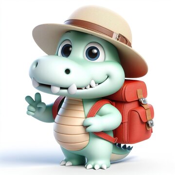 Cute character 3D image of A alligator is wearing a hat and carrying a backpack on the way to school, funny, smile, happy white background