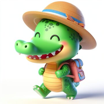 Cute character 3D image of A crocodile is wearing a hat and carrying a backpack on the way to school, funny, smile, happy white background