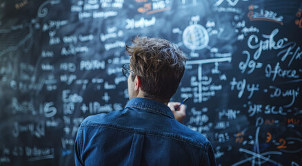 A man in glasses is writing complex equations on the blackboard, trying to figure out an advanced math problem - obrazy, fototapety, plakaty