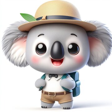 Cute character 3D image of A koala is wearing a hat and carrying a backpack on the way to school, funny, smile, happy white background