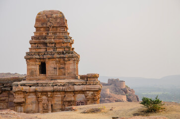Beautiful view of upper shivalaya temple on the top of the hill in Badami, Karnataka, India.