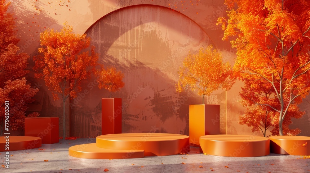 Aufkleber landscape scene in the autumn with a podium background in 3d.