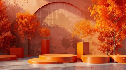 Landscape scene in the autumn with a podium background in 3D.