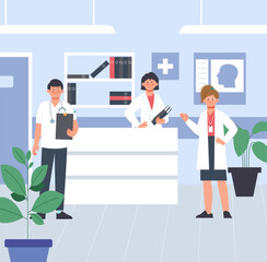 Hospital team in clinic. Medical staff on reception, happy doctors, administrator and nurse with folders. Ambulance office, cartoon healthcare vector scene