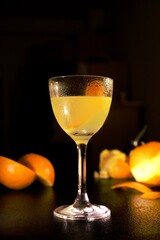 Vertical shot of an orange cocktail in a nick and nora glass with sliced oranges in dark background