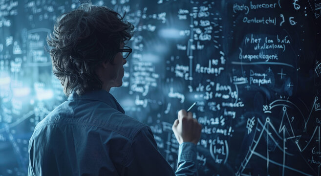 A man in glasses is writing complex equations on the blackboard, trying to figure out an advanced math problem