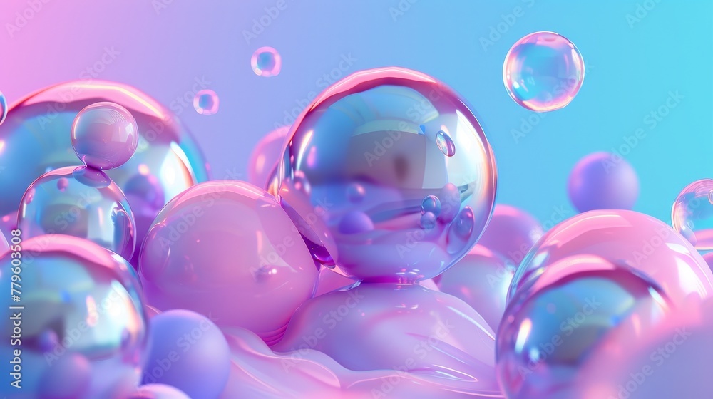 Fototapete The background is a 3D abstract art. A holographic floating liquid blob, a soap bubble, a metaball etc.