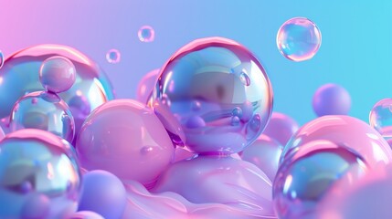 The background is a 3D abstract art. A holographic floating liquid blob, a soap bubble, a metaball etc.