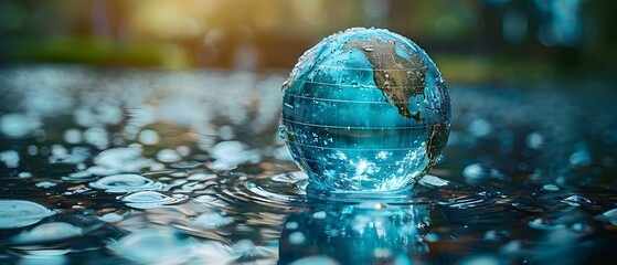 Glass globe symbolizes environmental protection and preservation of Earths water resources. Concept Environmental Conservation, Water Preservation, Glass Globe Symbolism, Sustainable Practices - obrazy, fototapety, plakaty