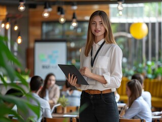 A woman is standing in a restaurant with a tablet in her hand. She is wearing a white shirt and black pants. There are several other people in the restaurant, some of whom are sitting at tables