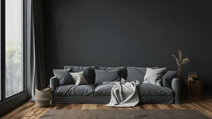 Modern Comfort: Embracing Cozy Living with Grey Sofa and Dark Wall