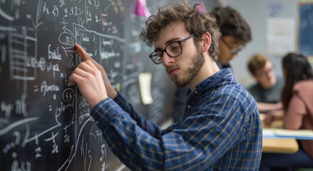 A man in glasses is writing complex equations on the blackboard, trying to figure out an advanced math problem - obrazy, fototapety, plakaty