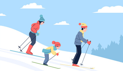 Family skiing on ski resort. Winter holidays with kids and parents. Young skiers, people slide down snowy mountain together. Seasonal resting recent vector scene