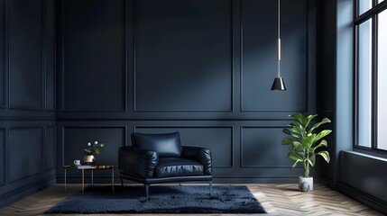 Indigo Elegance: Luxurious Dark Blue Living Room with Cozy Leather Armchair