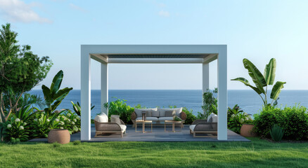 A modern white square wooden gazebo with two side walls on the lawn, surrounded by furniture and plants overlooking sea view