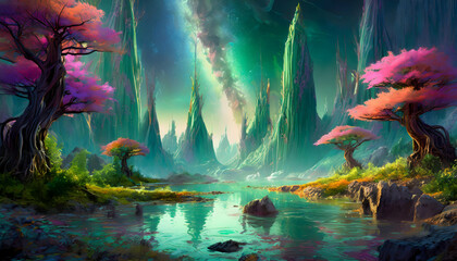 Landscape of an alien planet, view of another planet with fantastic trees on digital art concept, Generative AI.