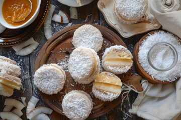 Different kinds of Argentine alfajores made with cornstarch coconut and dulce de leche - obrazy, fototapety, plakaty