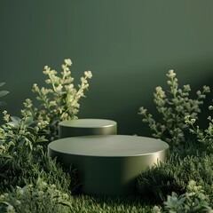 Fototapeta na wymiar Meadow Green Showcase: Innovative Product Display in Nature