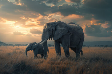 A mother elephant with her calf in the African savannah
