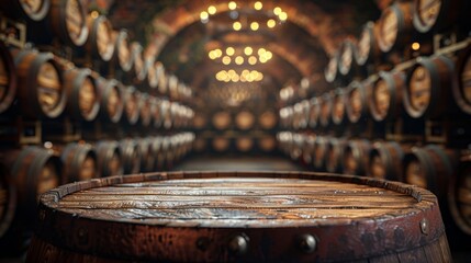Vintage wine cellar with oak barrels - obrazy, fototapety, plakaty