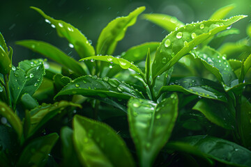 close up Green tea leaf shoots, Background morning light - 779604956