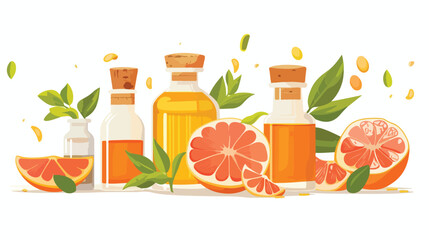 Grapefruit essential oil in bottles leaf and fruit on