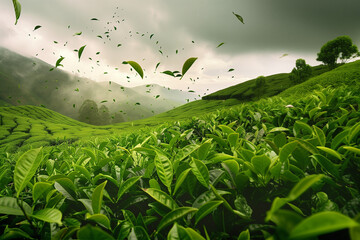 mountain tea plantation captured with tea leaves flying in the air