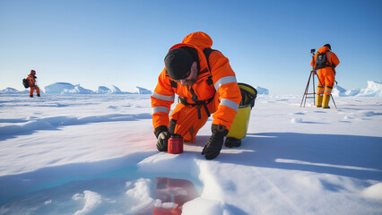 Scientists conducting field research in the snowy Arctic landscape.