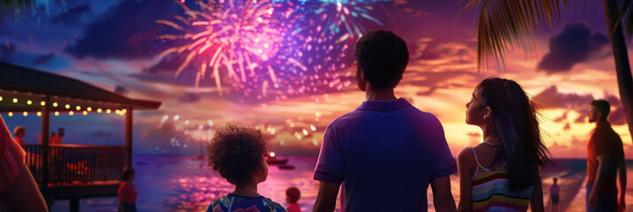 A family of four, including parents and two children, standing on a sandy beach at night, gazing up at colorful fireworks bursting in the dark sky - obrazy, fototapety, plakaty