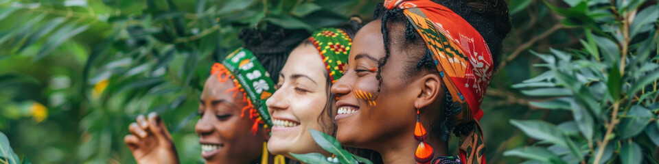 A group of women wearing traditional headdress stand next to each other in a row, showcasing cultural attire