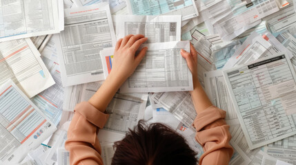 A woman laying flat on top of a large pile of papers, surrounded by scattered documents in a cluttered office space