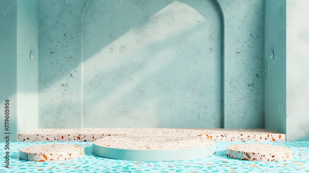 Aufkleber a 3d rendered empty cylinder podium with a pool background and terrazzo floor.
