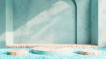 A 3D rendered empty cylinder podium with a pool background and terrazzo floor.