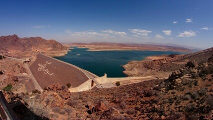High-angle of Al Massira Dam on a sunny day with clear sky background