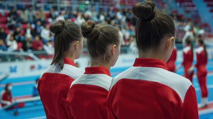 Three athletes in matching red tracksuits huddle, focusing on their upcoming gymnastics event in a bustling indoor sports arena