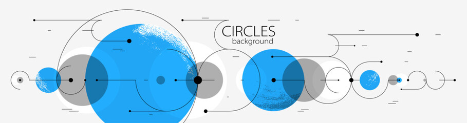 Geometric background with circles and lines vector art, abstract composition technical plan, flat minimal techno system.