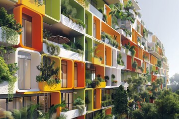 Colorful apartment complex with integrated plant life.