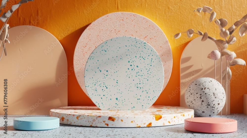 Leinwandbilder this is a cute podium backdrop with terrazzo texture for display of products. it is 3d rendered.